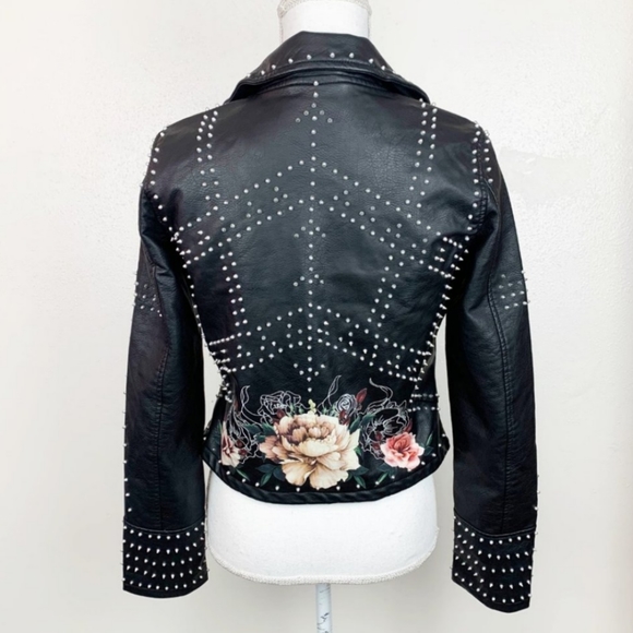 BlankNYC Black Vegan Leather Floral Studded Spiked Moto Jacket - Picture 5 of 10